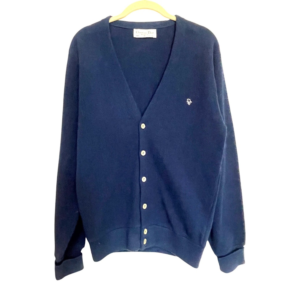 Vintage 80s Christian Dior Monsieur Navy Blue Cardigan Sweater Grandpa Mens M - Picture 2 of 8